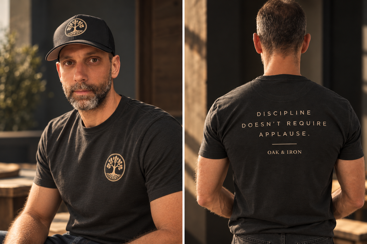 Oak & Iron Discipline Tee — front and back lifestyle views