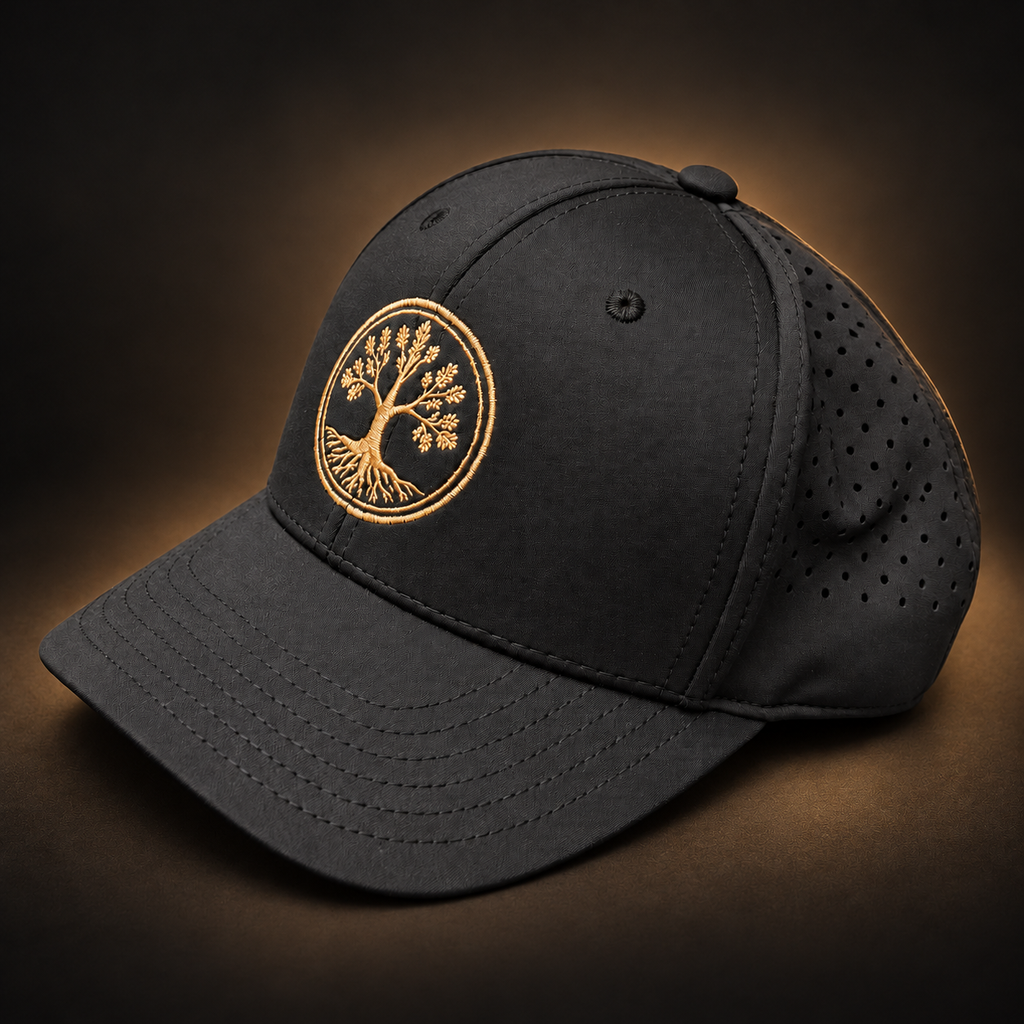 Oak & Iron Sentinel Performance Hat — angled view on black and bronze background