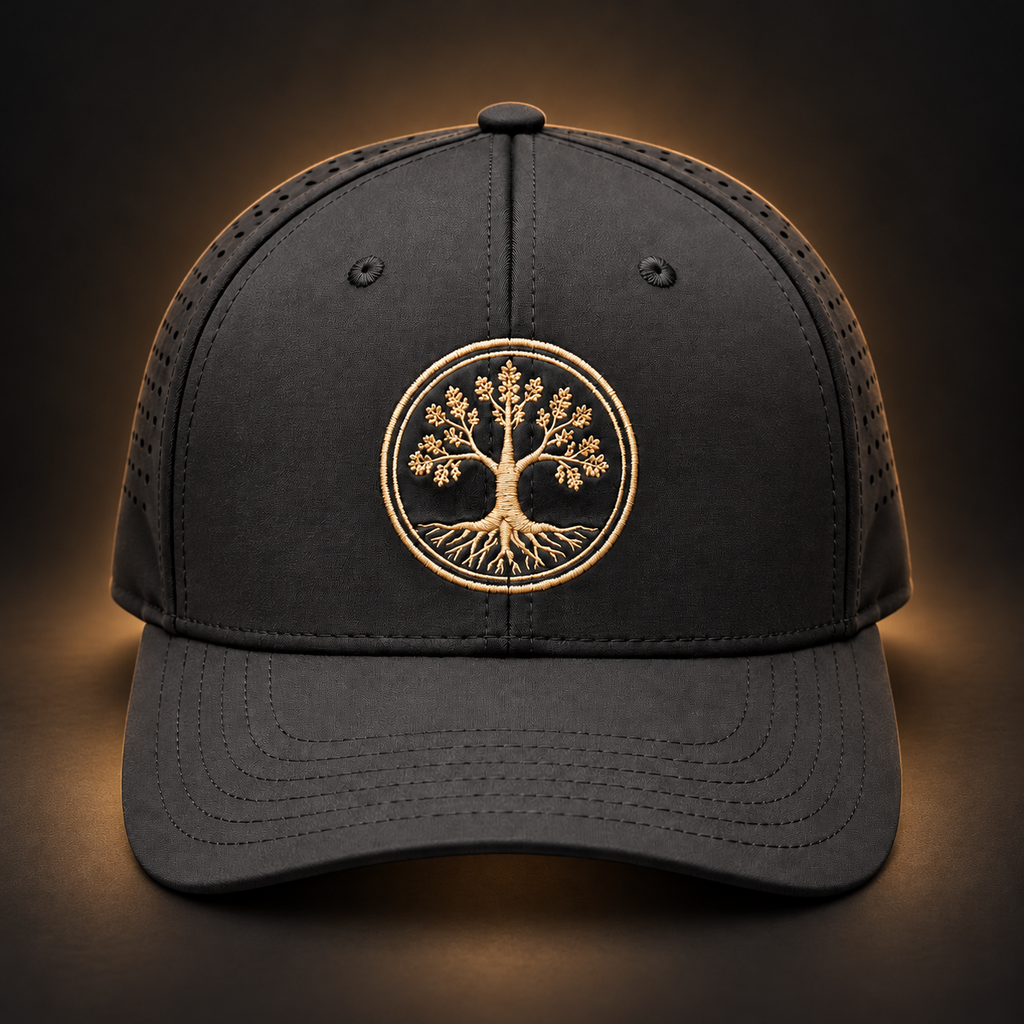 Oak & Iron Sentinel Performance Hat — front view on black and bronze background