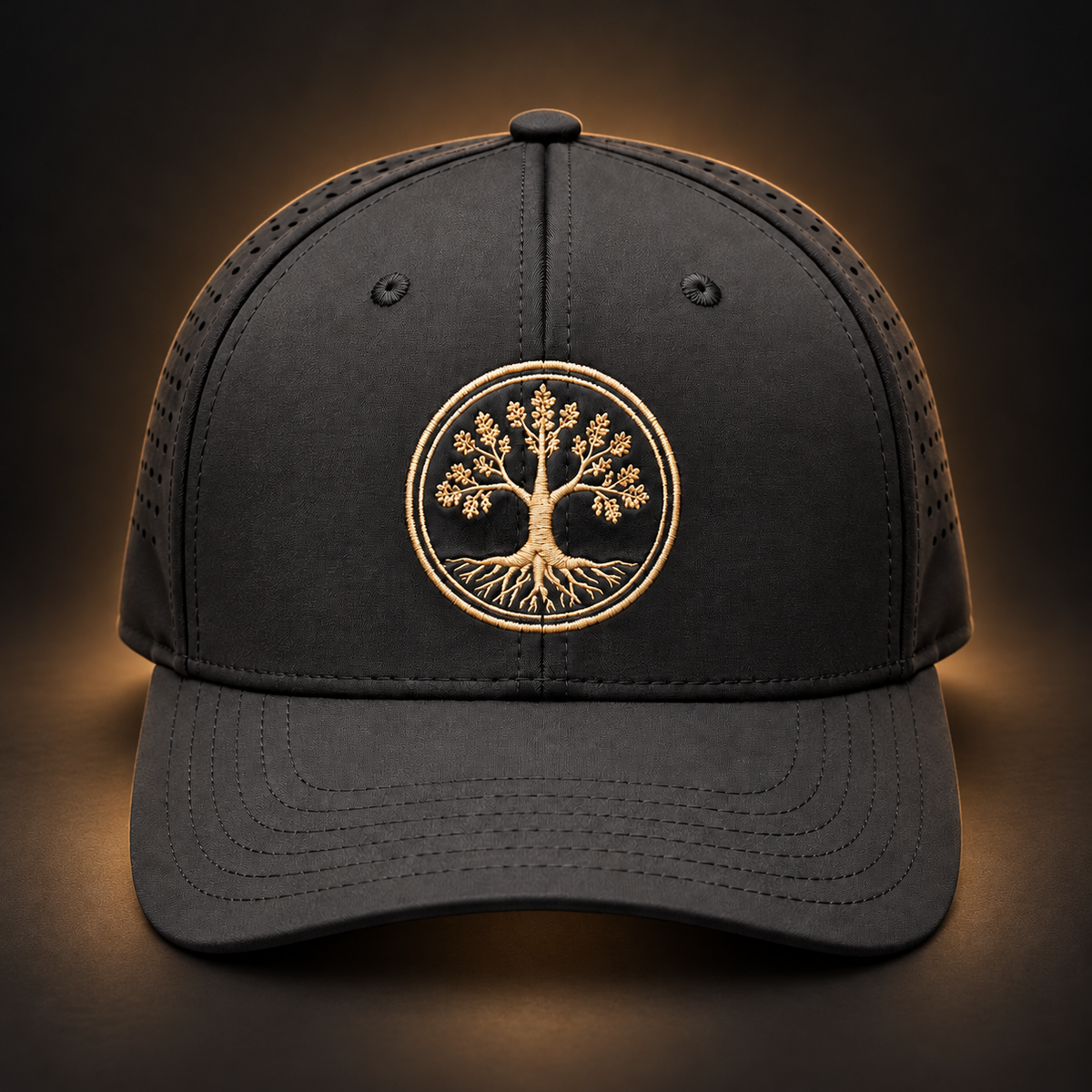 Oak & Iron Sentinel Performance Hat — front view on black and bronze background